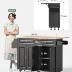 Isla de cocina con almacenamiento, carrito de cocina con 5 ruedas universales, isla de cocina móvil con parte superior de madera de goma y estante lateral (negro)