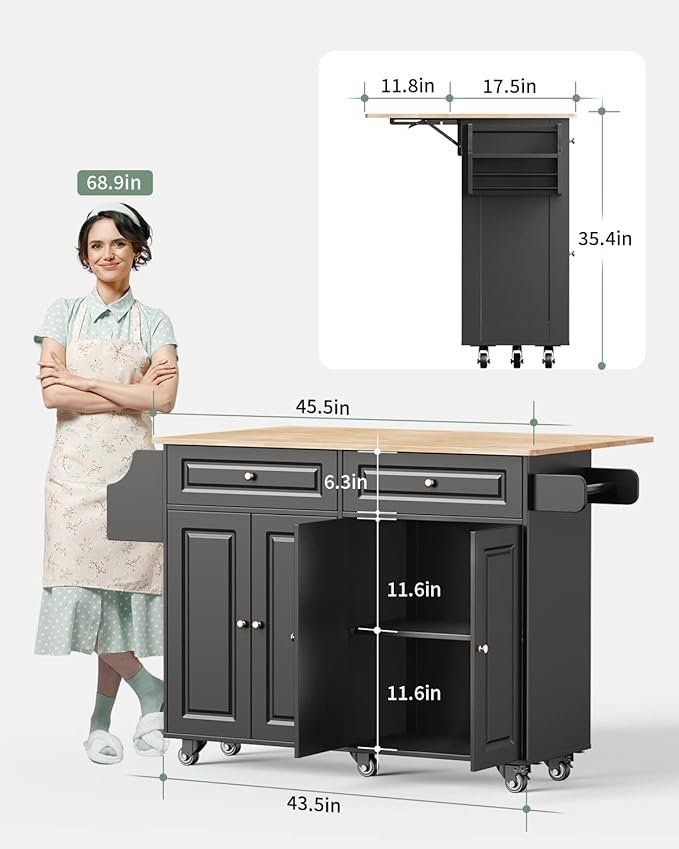 Isla de cocina con almacenamiento, carrito de cocina con 5 ruedas universales, isla de cocina móvil con parte superior de madera de goma y estante lateral (negro)