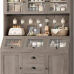 HIFIT Armario de almacenamiento de despensa de cocina de 71.4 pulgadas de alto, armario de despensa alto con 3 recipientes de almacenamiento de pan y orificio para cable, gabinete de cocina de 47.2