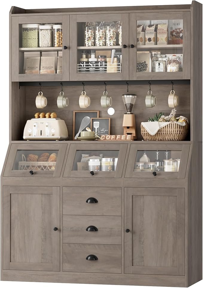 HIFIT Armario de almacenamiento de despensa de cocina de 71.4 pulgadas de alto, armario de despensa alto con 3 recipientes de almacenamiento de pan y orificio para cable, gabinete de cocina de 47.2