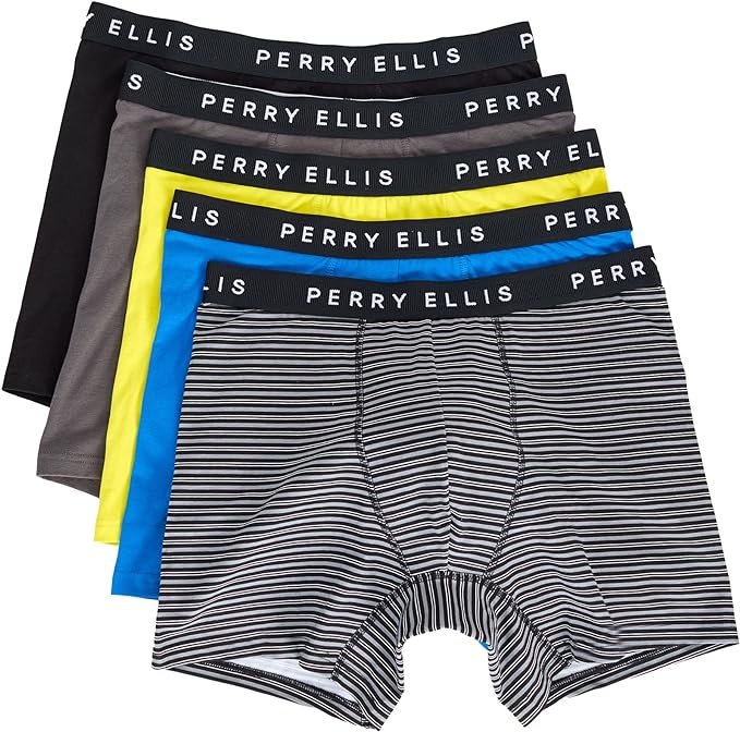 Perry Ellis Calzoncillos tipo bóxer elásticos de algodón para hombre, sin etiquetas, cintura no enrollable, paquete de 5