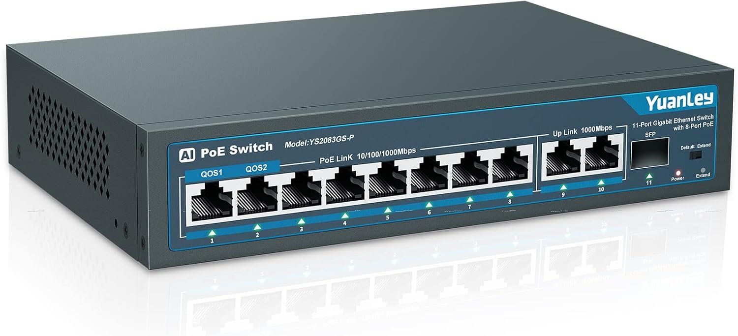 YuanLey Conmutador PoE Gigabit de 8 Puertos con Enlace Ascendente de 2 Gigabit