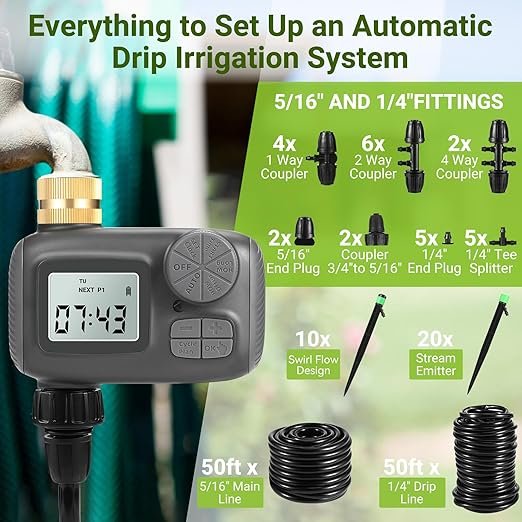 Sistema inteligente de riego por goteo, riego cronométrico ajustable para camas elevadas y plantas en maceta, incluye kit de tubos resistentes a fugas (5/16 pulgadas y 1/4 pulgadas)