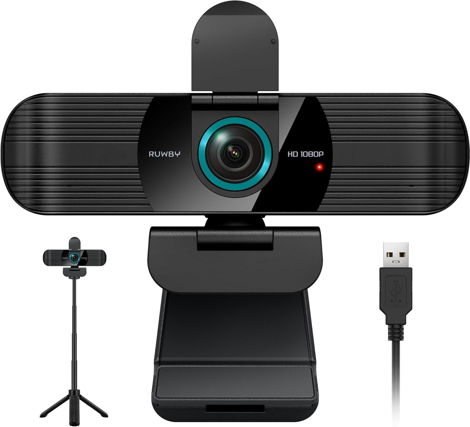 RUWBY Full HD 1080P Webcam with Built-in Dual Mics, Wide-Angle Lens, Privacy Cover, Tripod Stand, Autofocus Computer Camera, Plug and Play for Desktop PC or Laptop