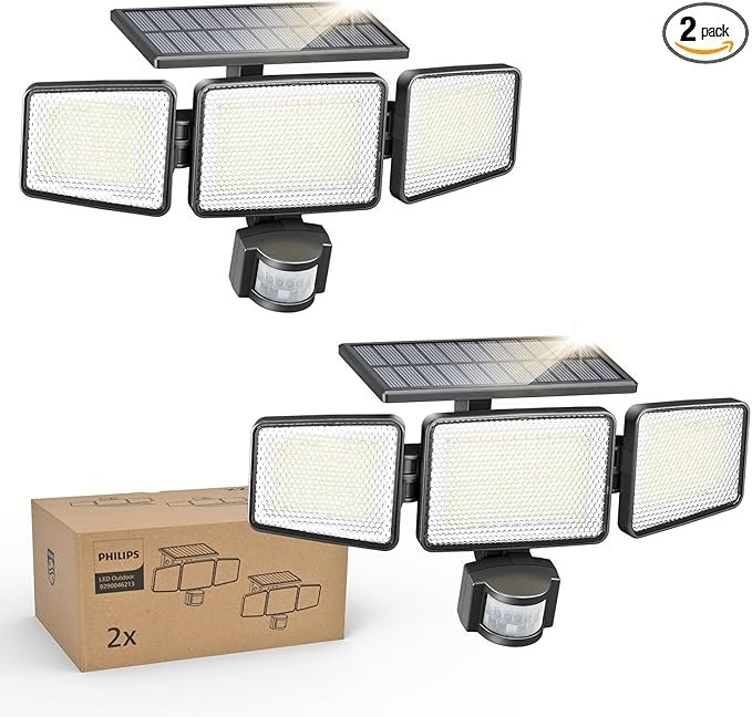 Philips Luz solar de seguridad para exteriores, 302 LED, 1200 lm, luz de inundación solar impermeable para montaje en pared con sensor de movimiento PIR, 3 cabezales, IP65 impermeable, 3 modos