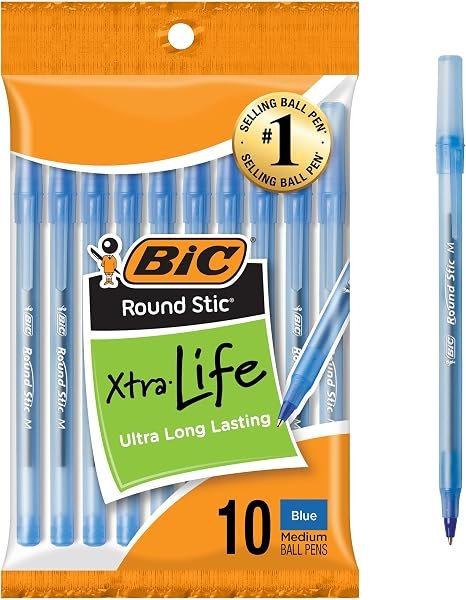 BIC Bolígrafos redondos Stic, color azul, punta media, paquete de 10 unidades 